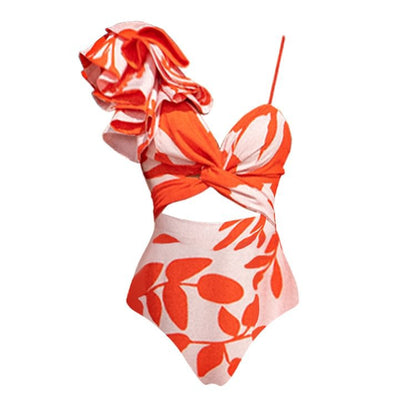 One-Shoulder Ruffle Cut-Out Printed One-Piece Swimsuit with Skirt for Women - Moze