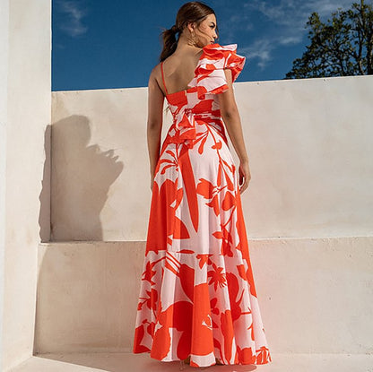 One-Shoulder Ruffle Cut-Out Printed One-Piece Swimsuit with Skirt for Women - Moze