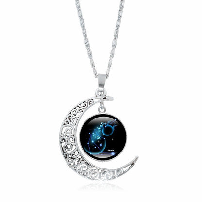 Zodiac Time Gem Luminous Necklace for Women, Simple Silver Moon Pendant Choker - Moze