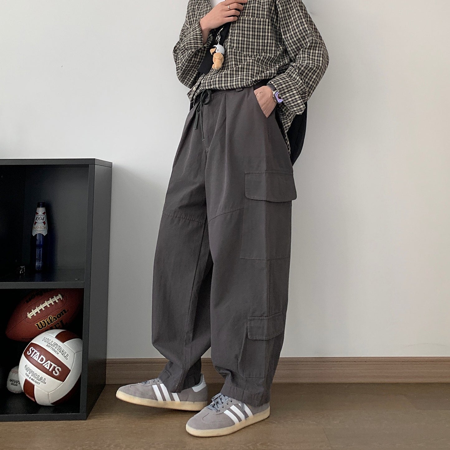 Dark gray Japanese loose wide leg workwear pants for men retro ankle tied casual pants with large pockets - Moze