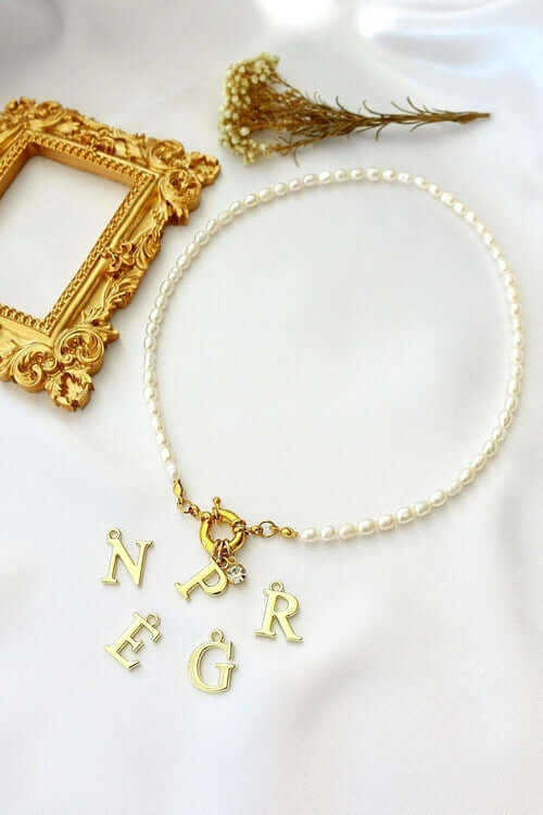 24 Karats Custom Initial Freshwater Pearls Front Opening Choker - Moze
