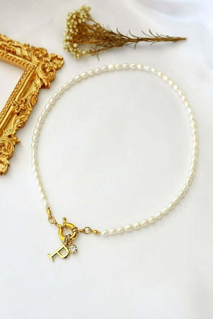 24 Karats Custom Initial Freshwater Pearls Front Opening Choker - Moze