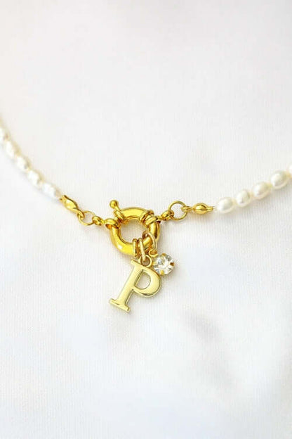 24 Karats Custom Initial Freshwater Pearls Front Opening Choker - Moze